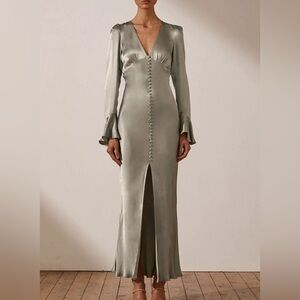 LA LUNE FRILL CUFF BIAS MIDI DRESS - SAGE